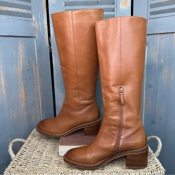 J. Crew Knee High Stacked-Heel Leather Boots Burnished Sand Sz 10.5 - Picture 10 of 16